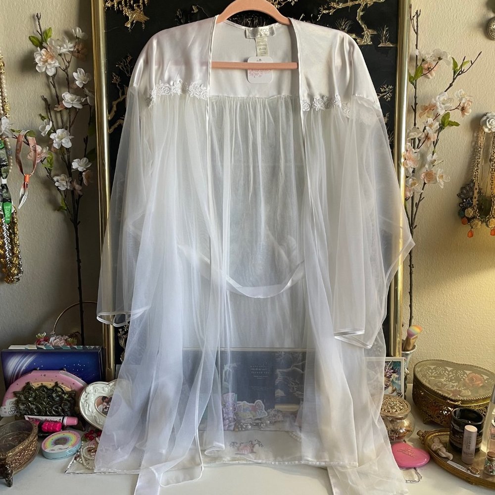 Vintage 80s Tulle Mesh Floral Robe Size L
